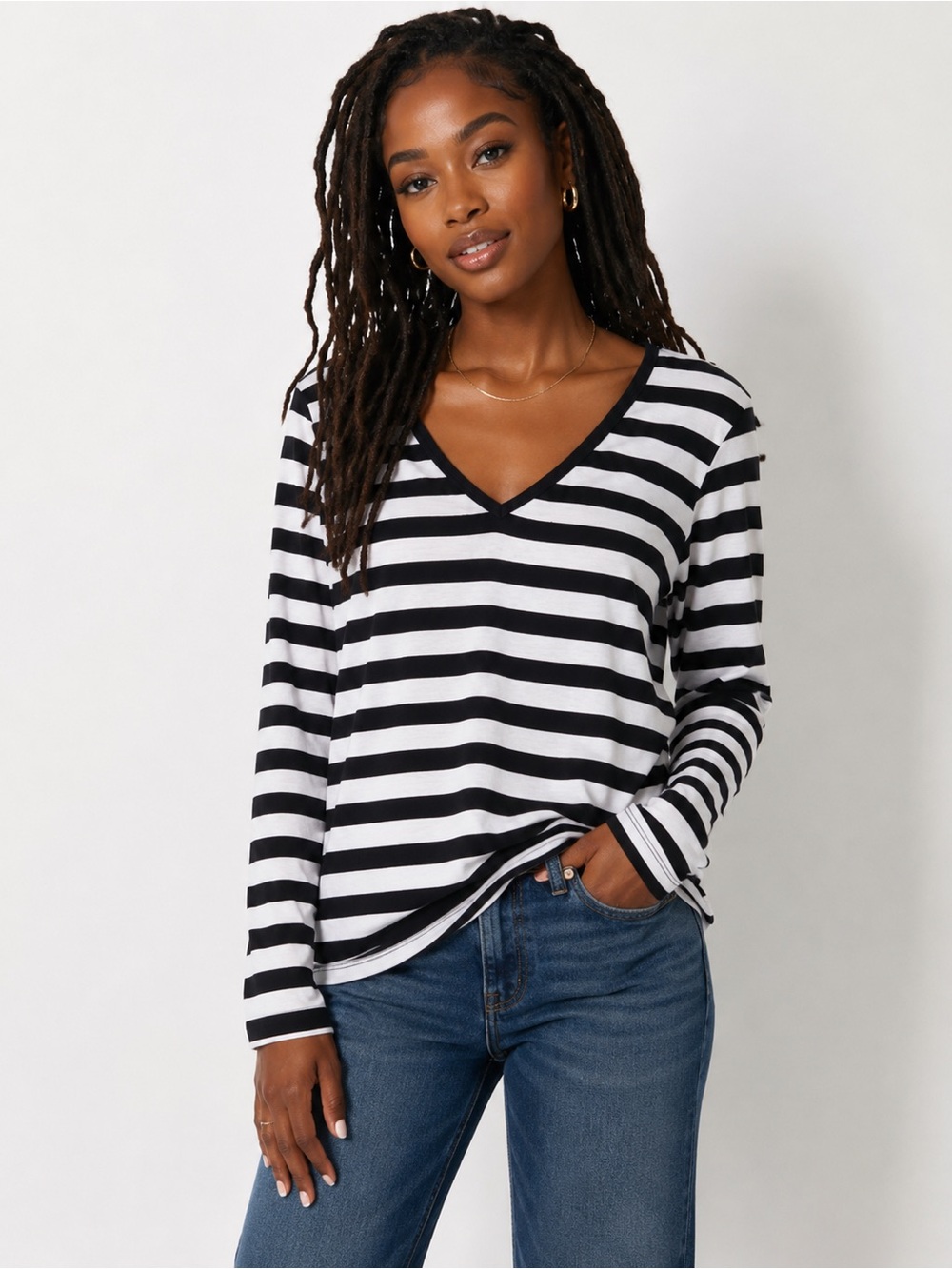 GAP Black and White Striped V‑Neck Long Sleeve Top Size Medium
